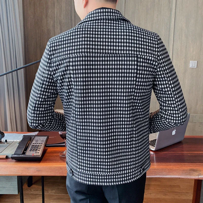 Black and White Tartan-check Pattern Business Jacket with Pockets