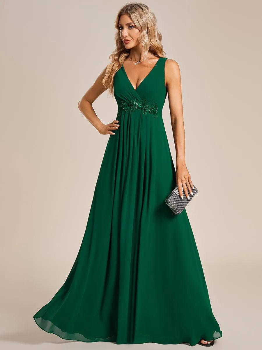 Brave Iris | Floral Applique Sleeveless Chiffon Long Formal Evening Dress