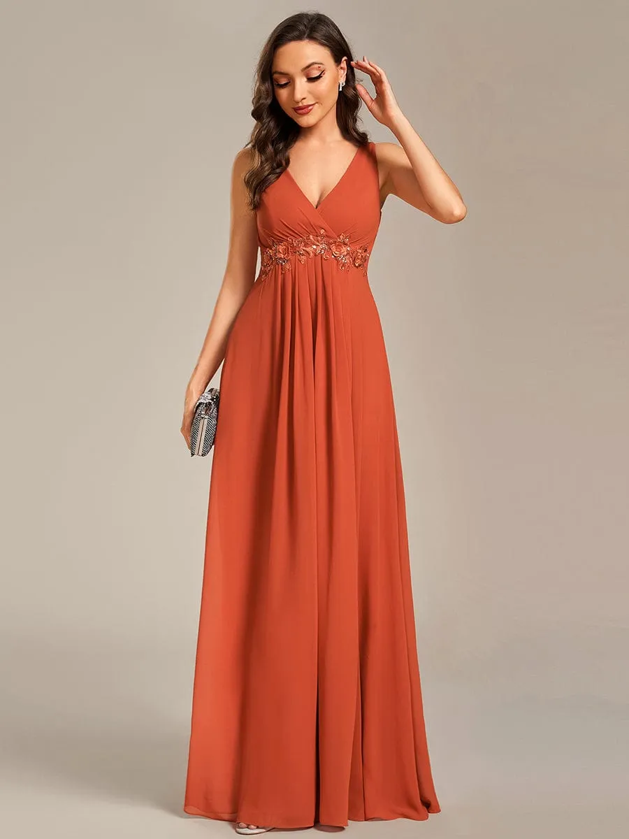 Brave Iris | Floral Applique Sleeveless Chiffon Long Formal Evening Dress