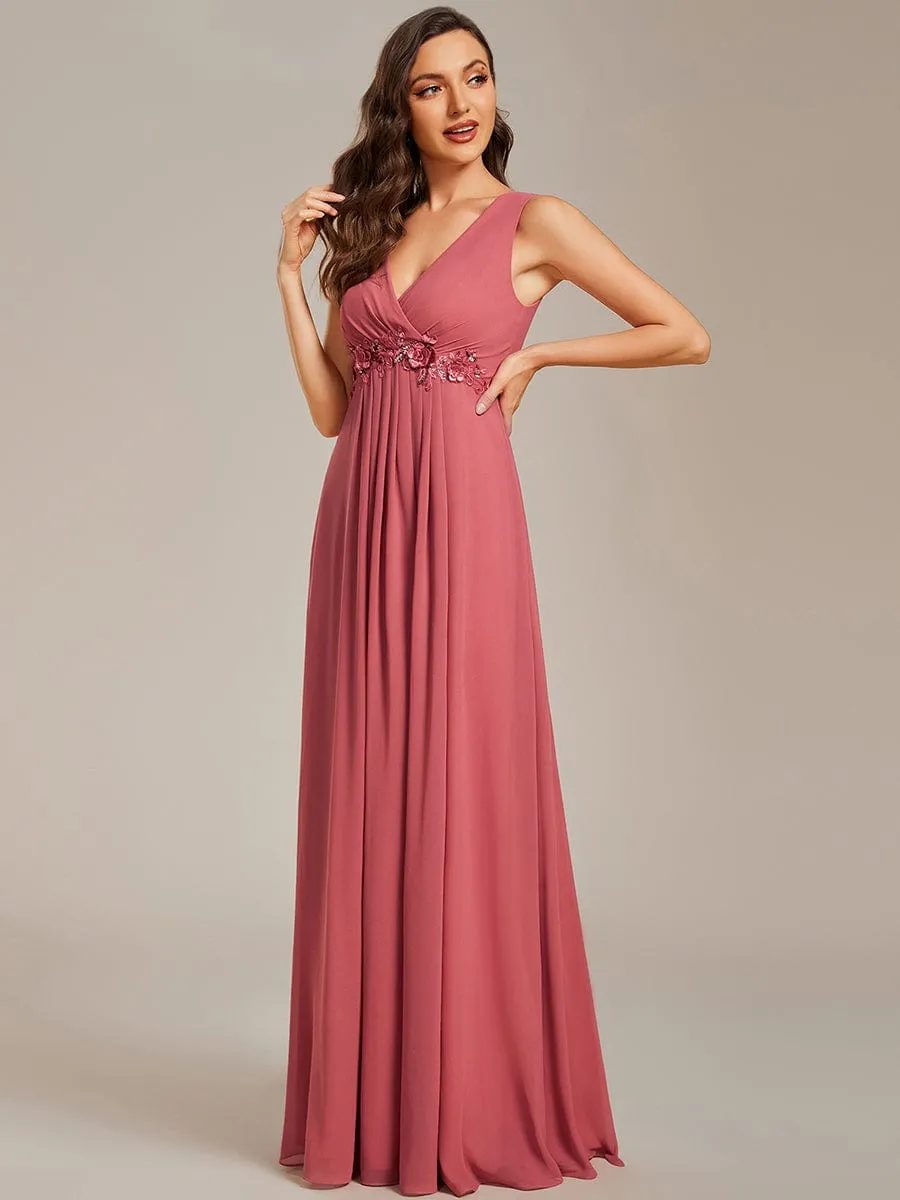 Brave Iris | Floral Applique Sleeveless Chiffon Long Formal Evening Dress