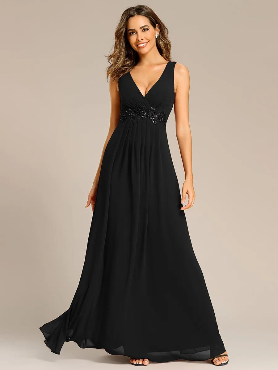 Brave Iris | Floral Applique Sleeveless Chiffon Long Formal Evening Dress