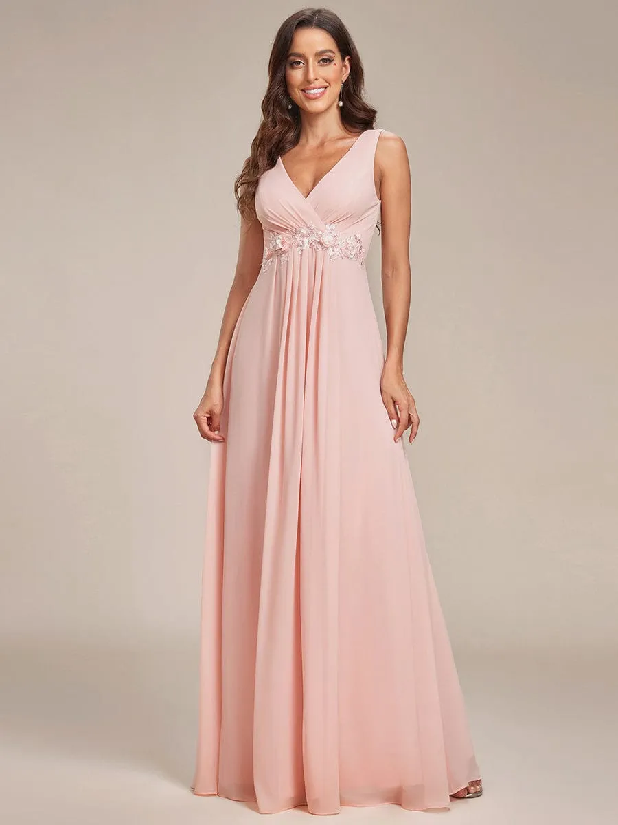 Brave Iris | Floral Applique Sleeveless Chiffon Long Formal Evening Dress