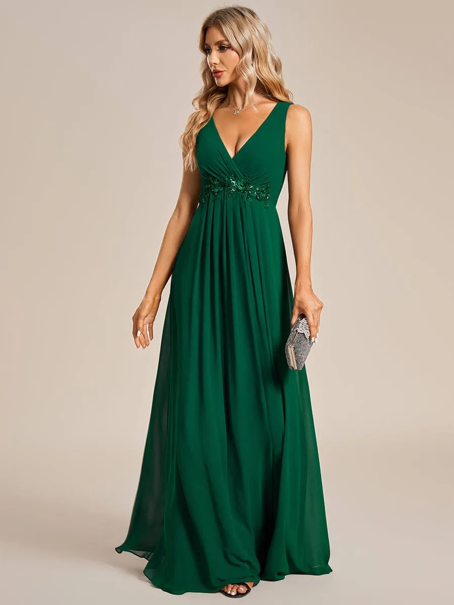 Brave Iris | Floral Applique Sleeveless Chiffon Long Formal Evening Dress