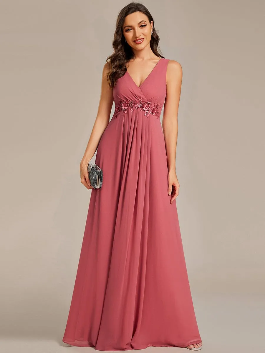 Brave Iris | Floral Applique Sleeveless Chiffon Long Formal Evening Dress