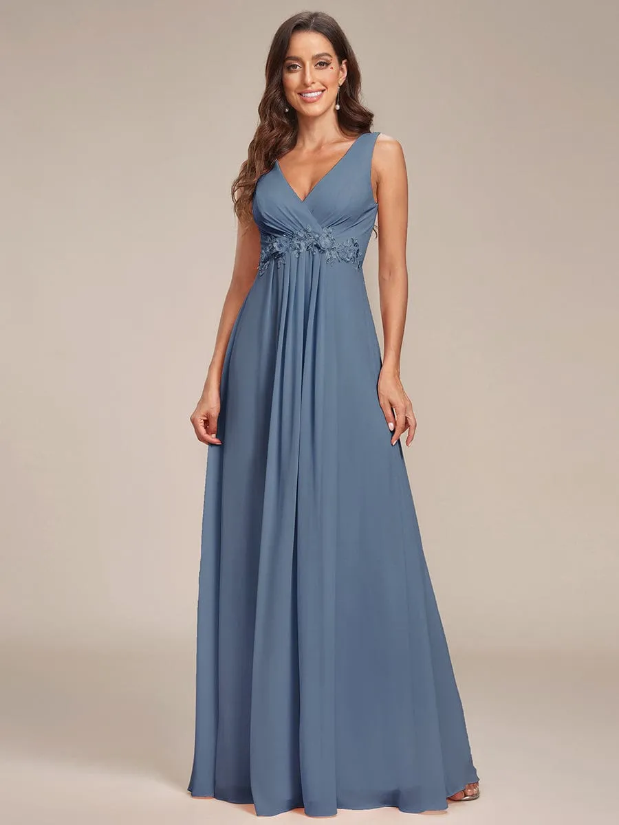 Brave Iris | Floral Applique Sleeveless Chiffon Long Formal Evening Dress