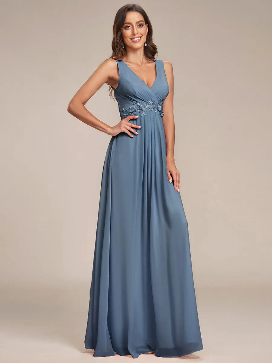 Brave Iris | Floral Applique Sleeveless Chiffon Long Formal Evening Dress