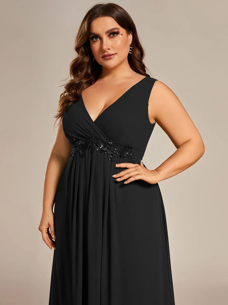 Brave Iris | Plus Size Floral Applique Sleeveless Chiffon Formal Evening Dress