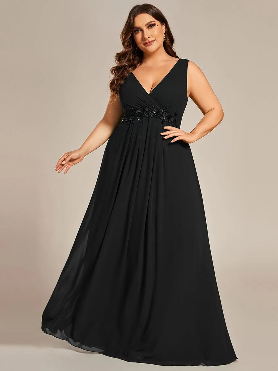 Brave Iris | Plus Size Floral Applique Sleeveless Chiffon Formal Evening Dress