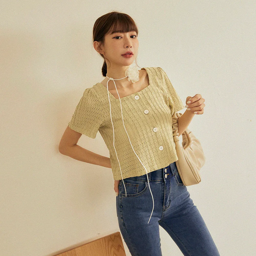 Casual Soft Pastel Crop Lace Button Blouse Shirt Top