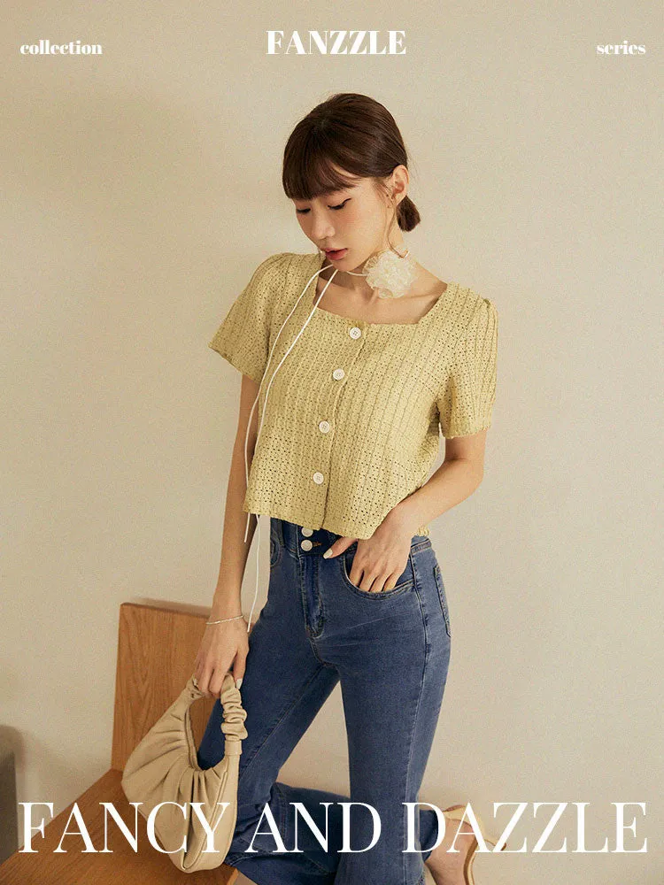 Casual Soft Pastel Crop Lace Button Blouse Shirt Top