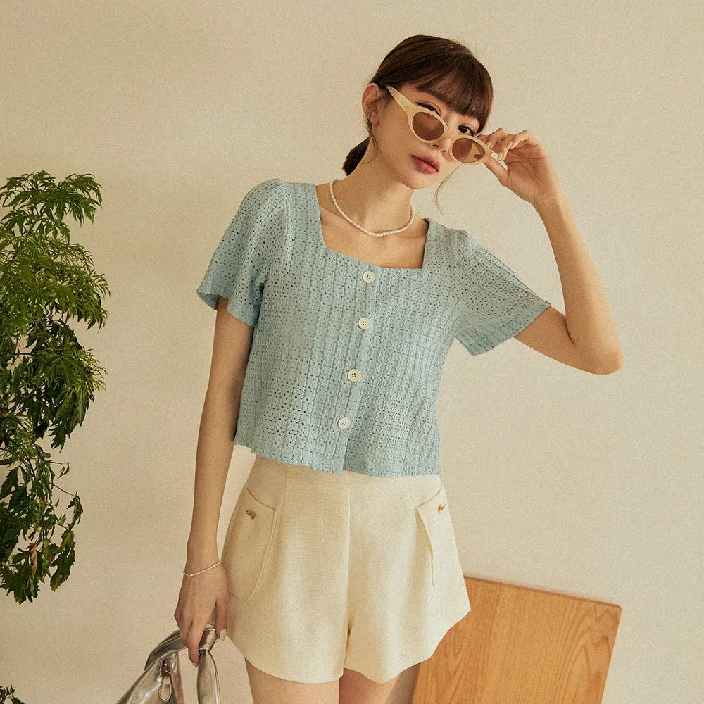 Casual Soft Pastel Crop Lace Button Blouse Shirt Top