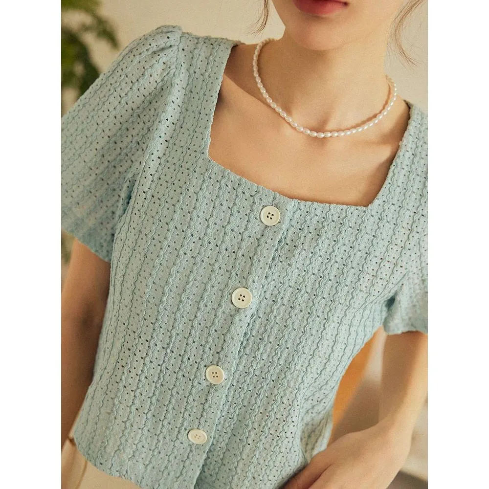 Casual Soft Pastel Crop Lace Button Blouse Shirt Top