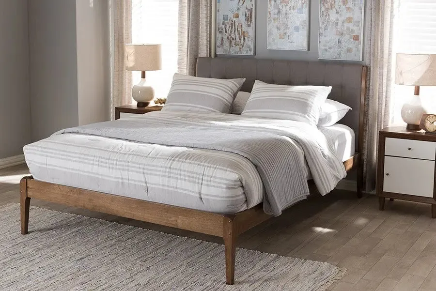 Clifford Light Grey Fabric & Brown Finish Wood Platform Bed w/Tapered Legs (King)