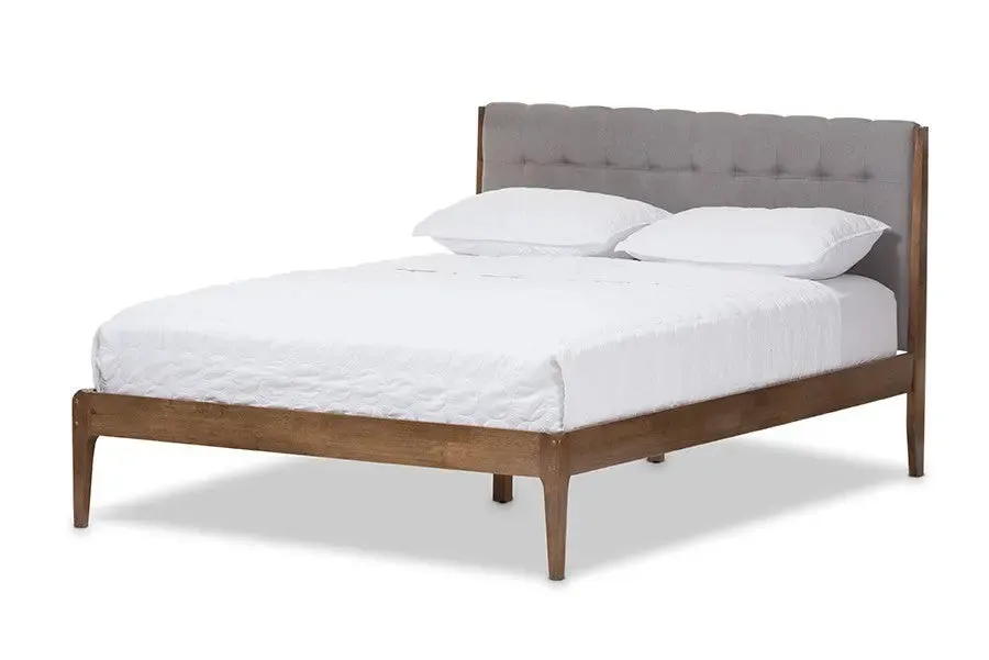 Clifford Light Grey Fabric & Brown Finish Wood Platform Bed w/Tapered Legs (King)