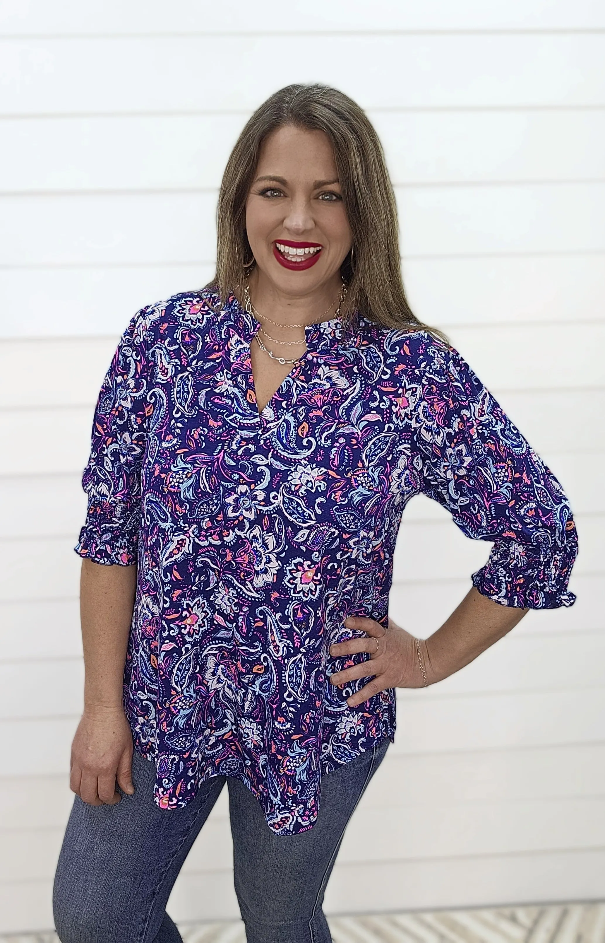 DEAR SCARLETT - NAVY PAISLEY SMOCKED SLEEVE LIZZY TOP