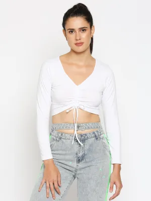 Disrupt Women Long Sleeve Solid White Drawstring Crop Top