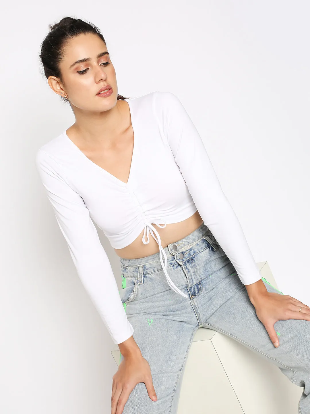 Disrupt Women Long Sleeve Solid White Drawstring Crop Top