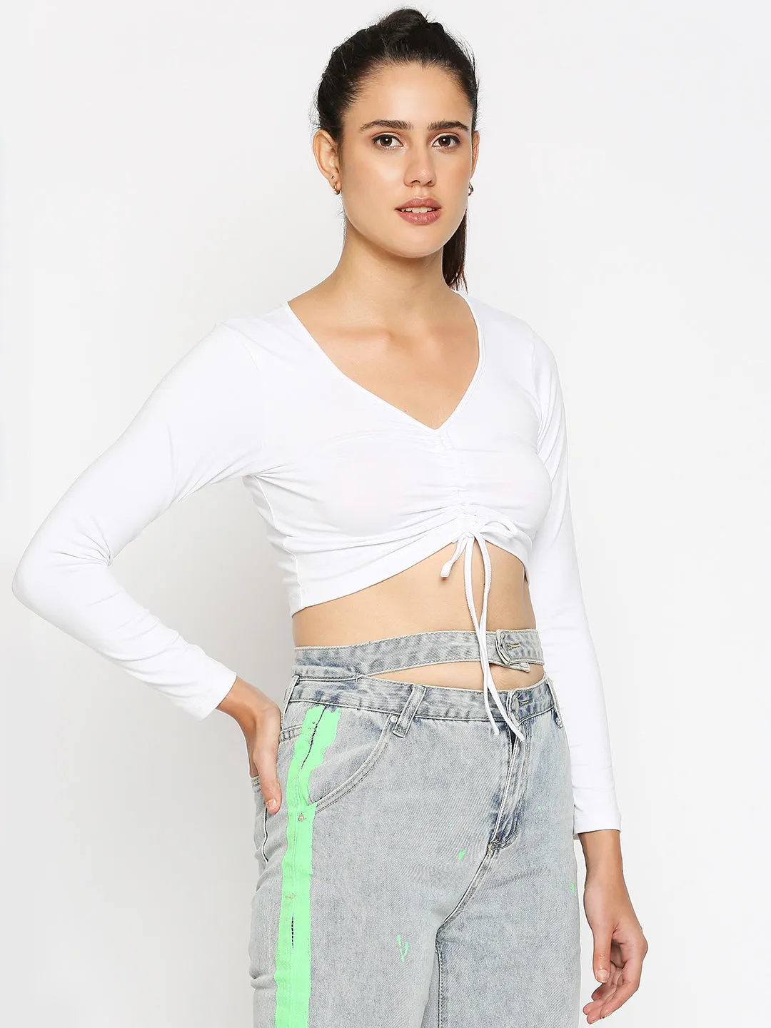 Disrupt Women Long Sleeve Solid White Drawstring Crop Top