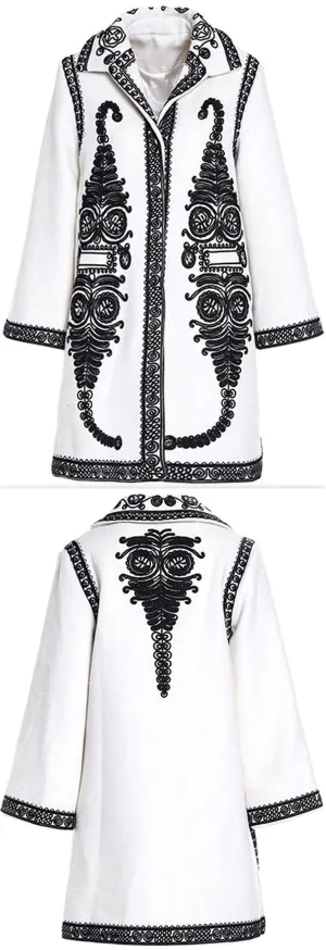 Embroidered Jacquard Coat, White