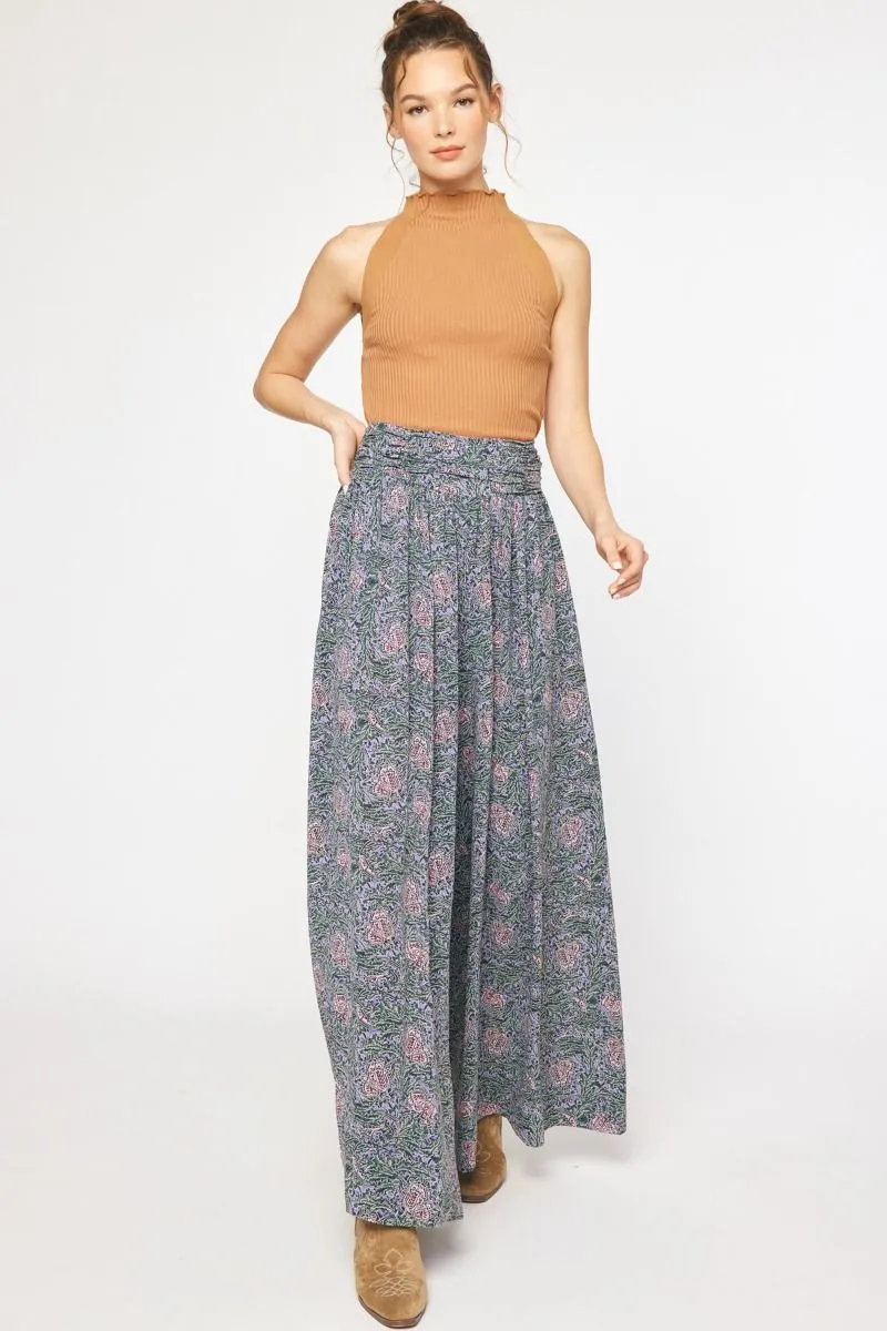 Forest Green Wide Leg Printed Pants