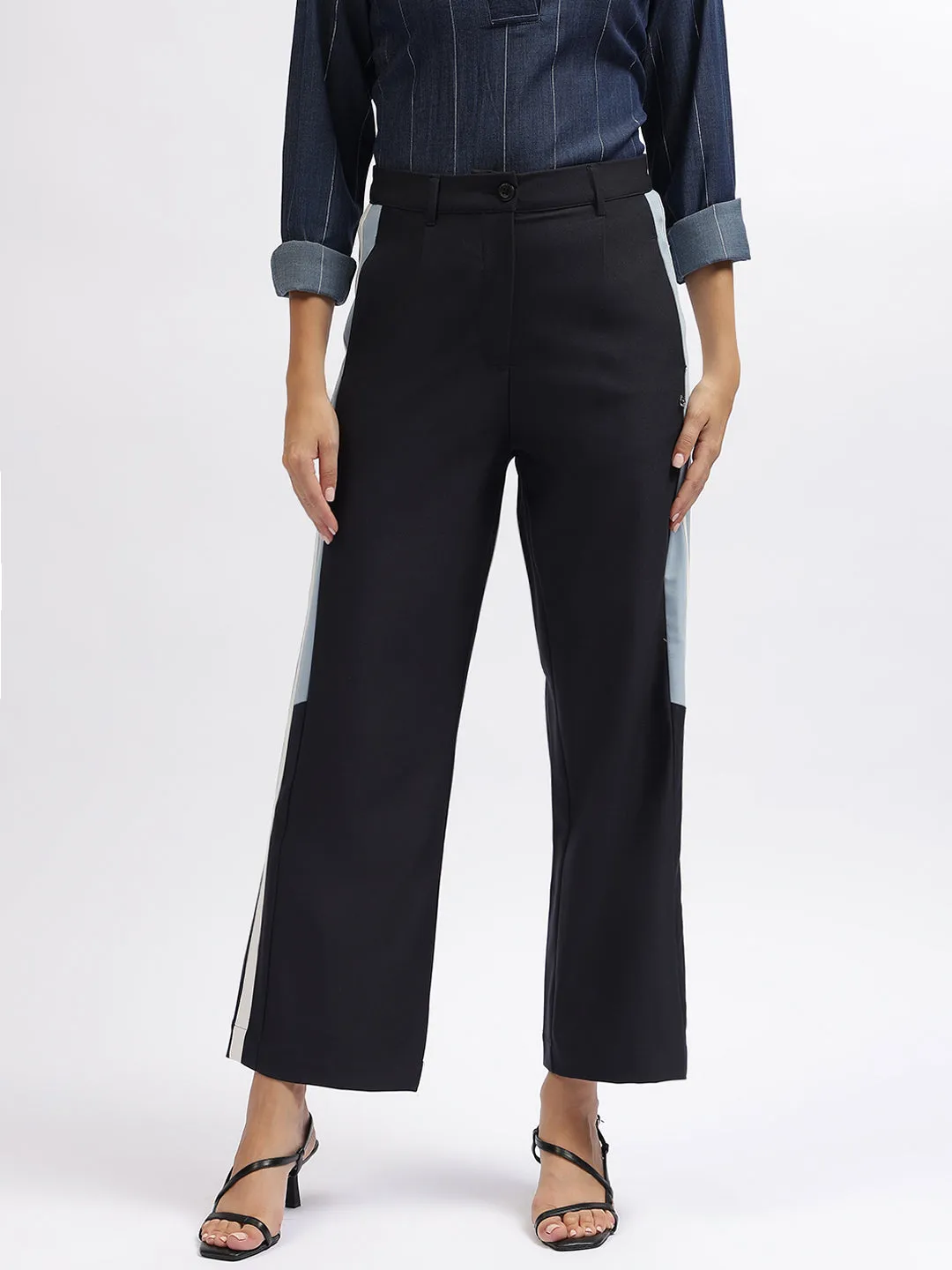 Iconic Women Navy Blue Color-Blocked Regular Fit Trouser