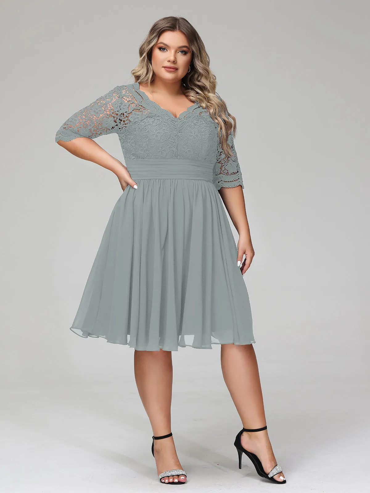 Lace and Chiffon Short Dress with Half Sleeves Steel Grey