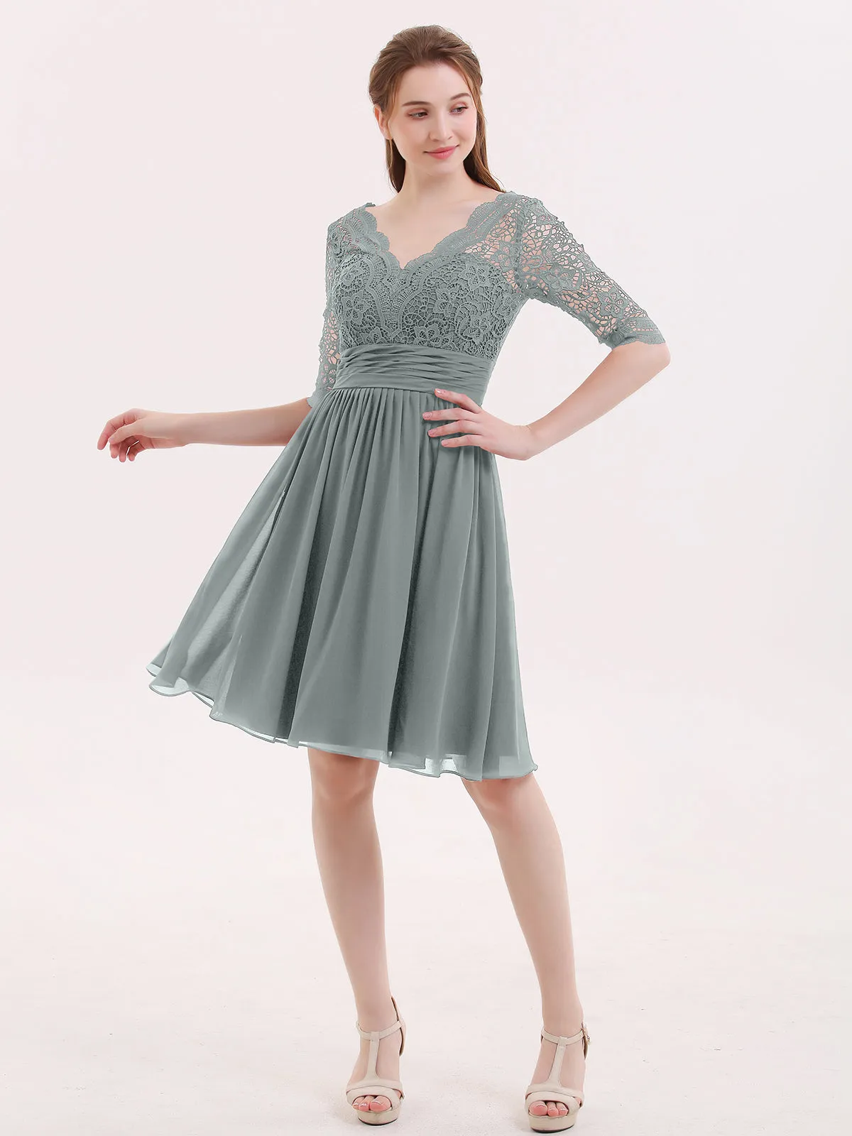 Lace and Chiffon Short Dress with Half Sleeves Steel Grey