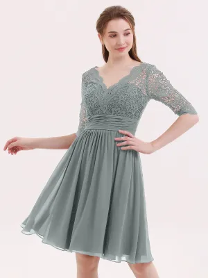 Lace and Chiffon Short Dress with Half Sleeves Steel Grey