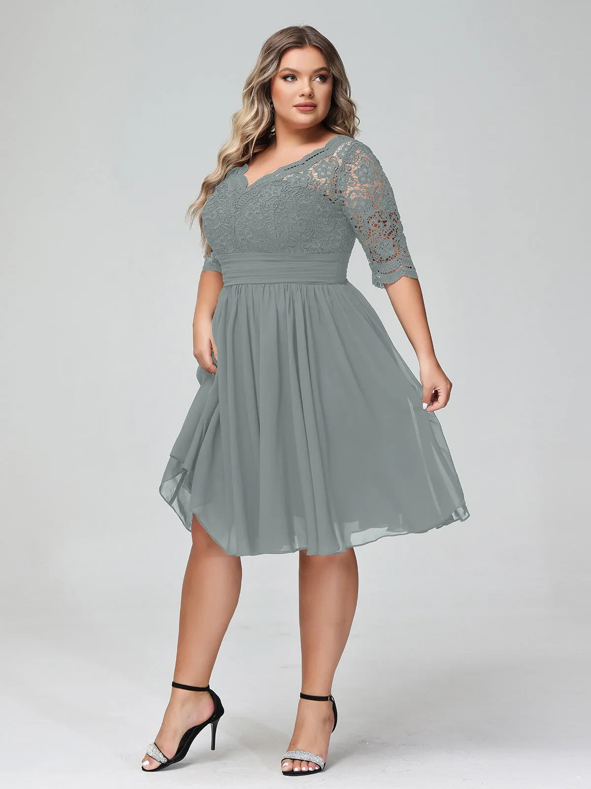 Lace and Chiffon Short Dress with Half Sleeves Steel Grey