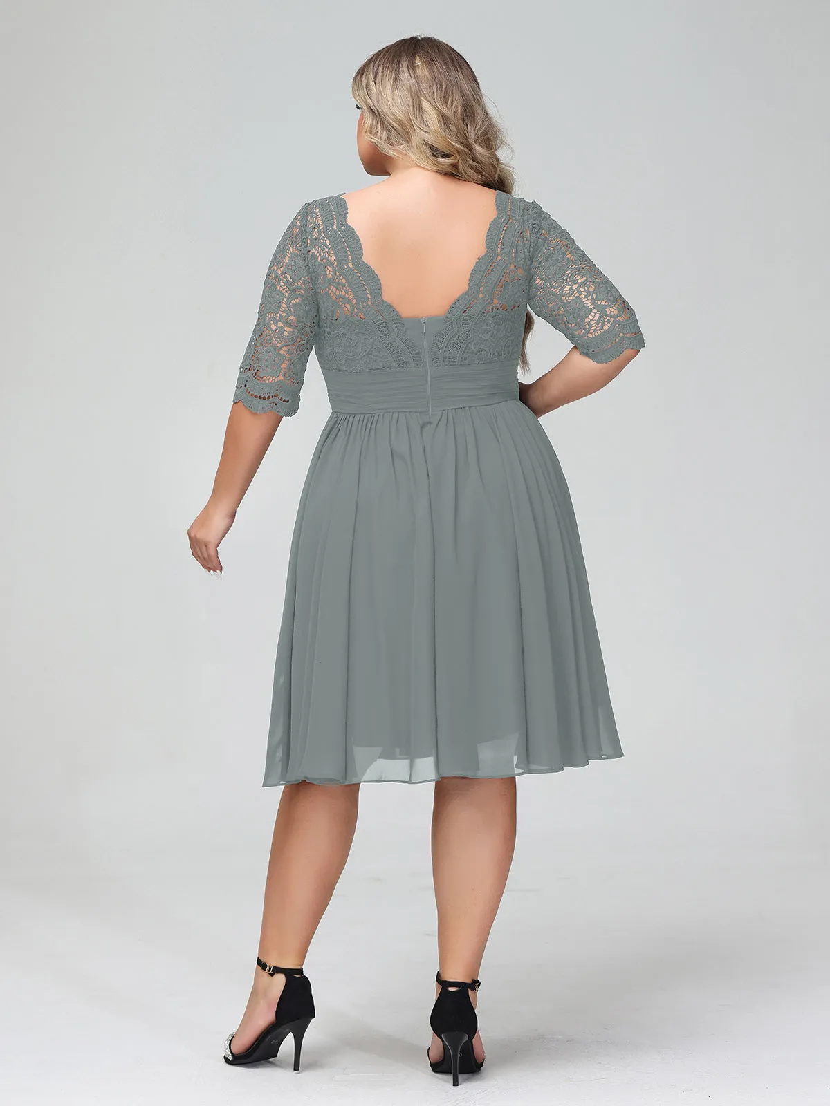 Lace and Chiffon Short Dress with Half Sleeves Steel Grey