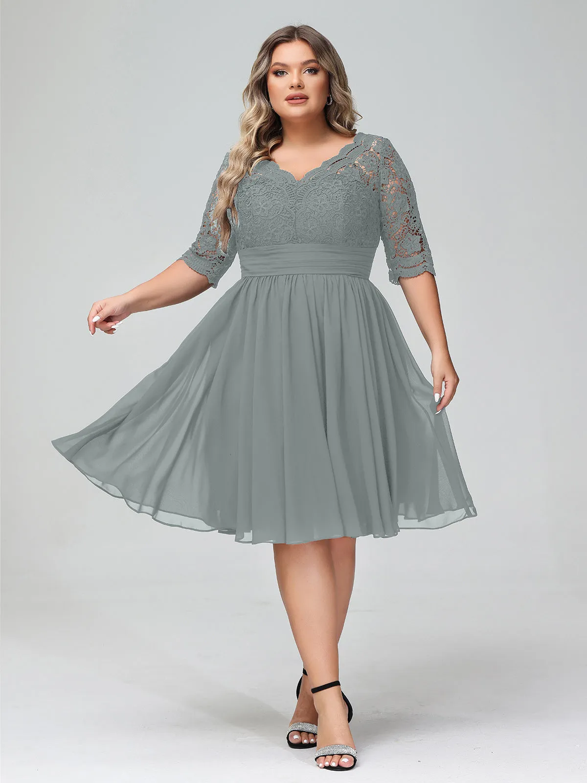 Lace and Chiffon Short Dress with Half Sleeves Steel Grey