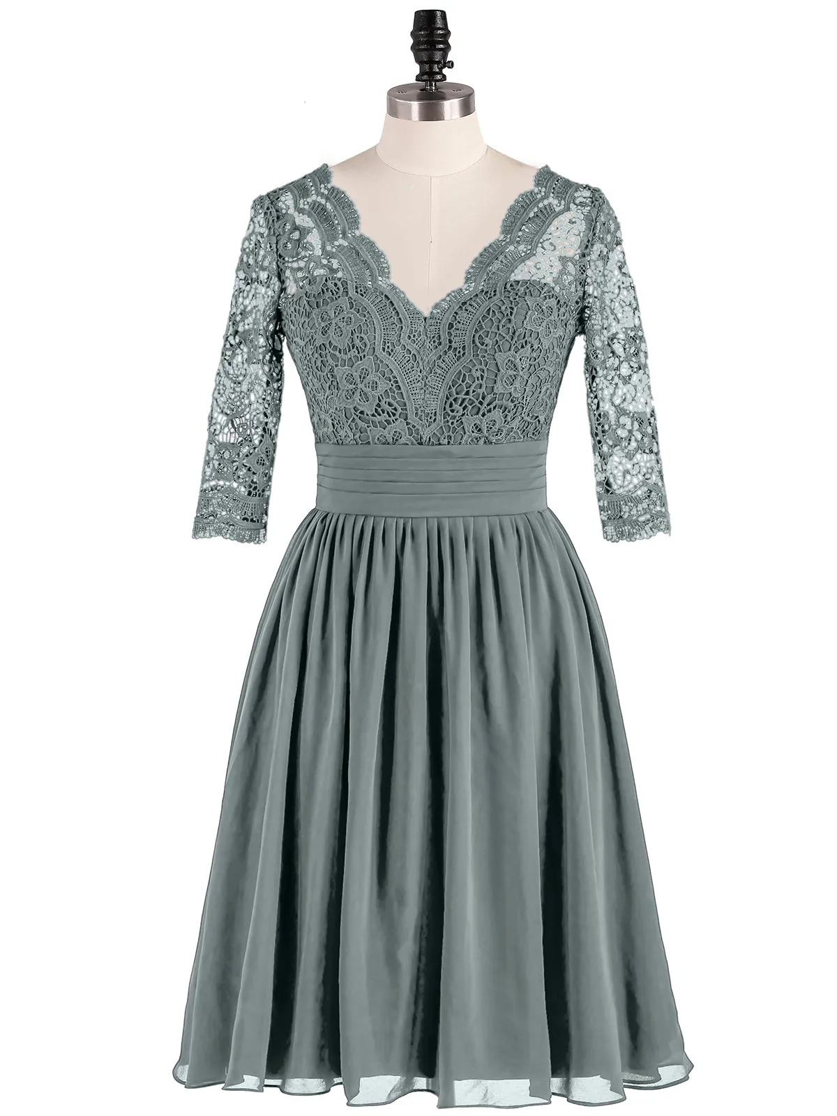 Lace and Chiffon Short Dress with Half Sleeves Steel Grey