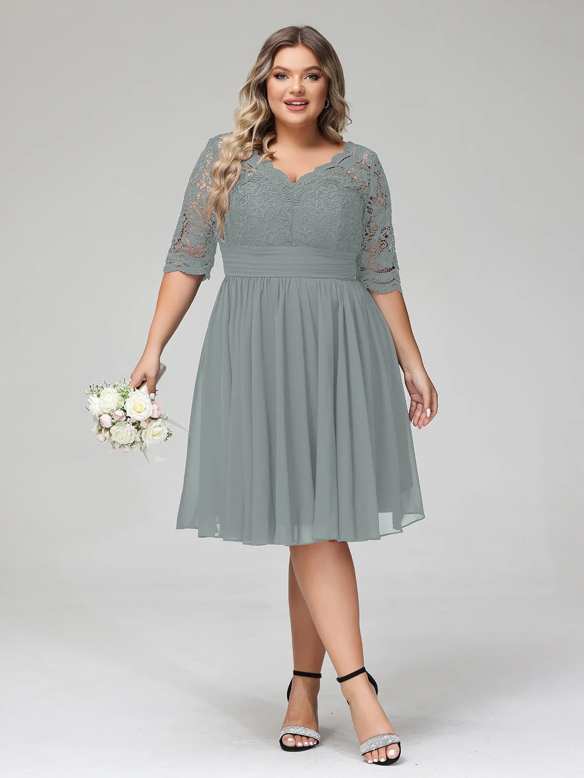 Lace and Chiffon Short Dress with Half Sleeves Steel Grey