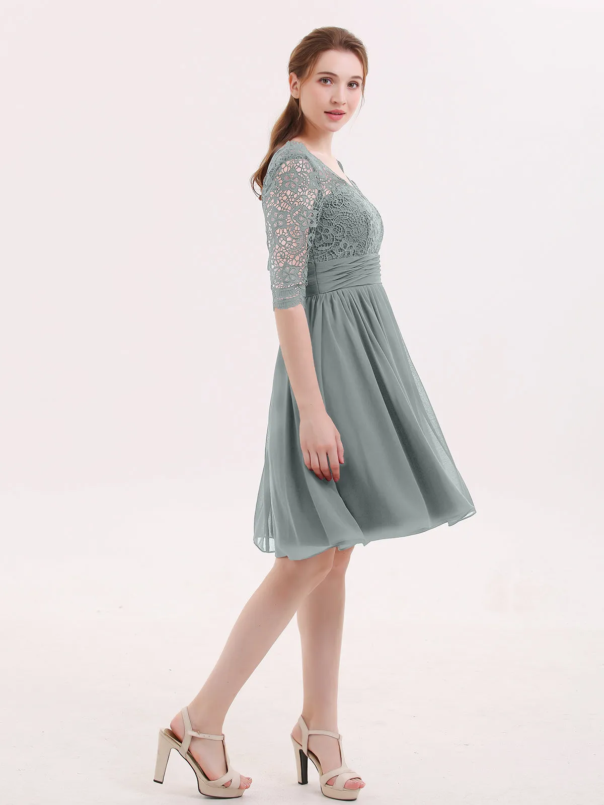 Lace and Chiffon Short Dress with Half Sleeves Steel Grey