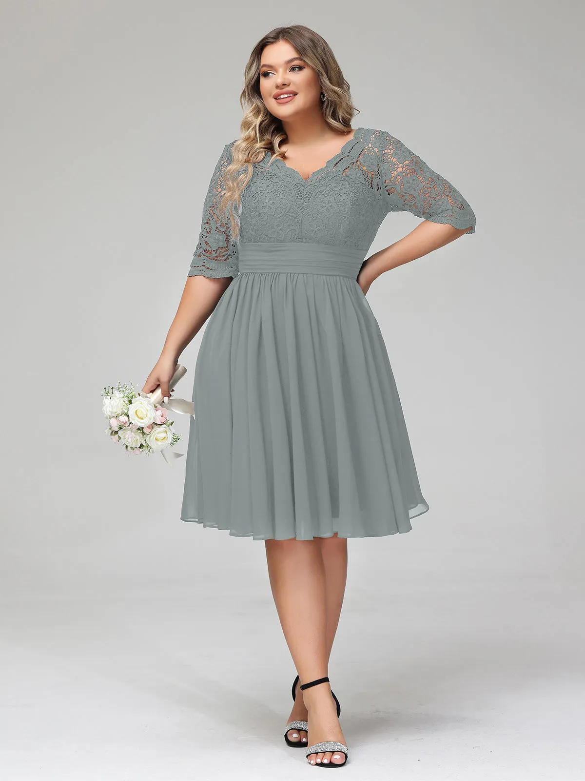 Lace and Chiffon Short Dress with Half Sleeves Steel Grey