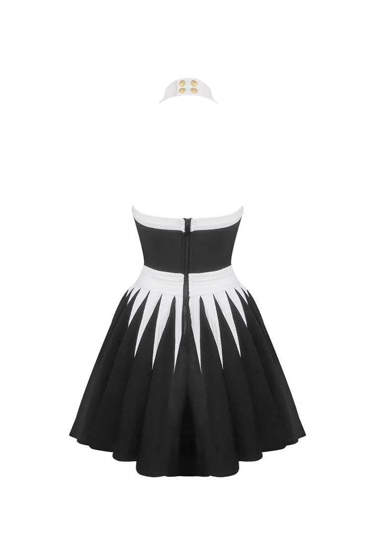 Luxury Black and White Bandage Godet Rosette Halter Skater Party Mini Dress