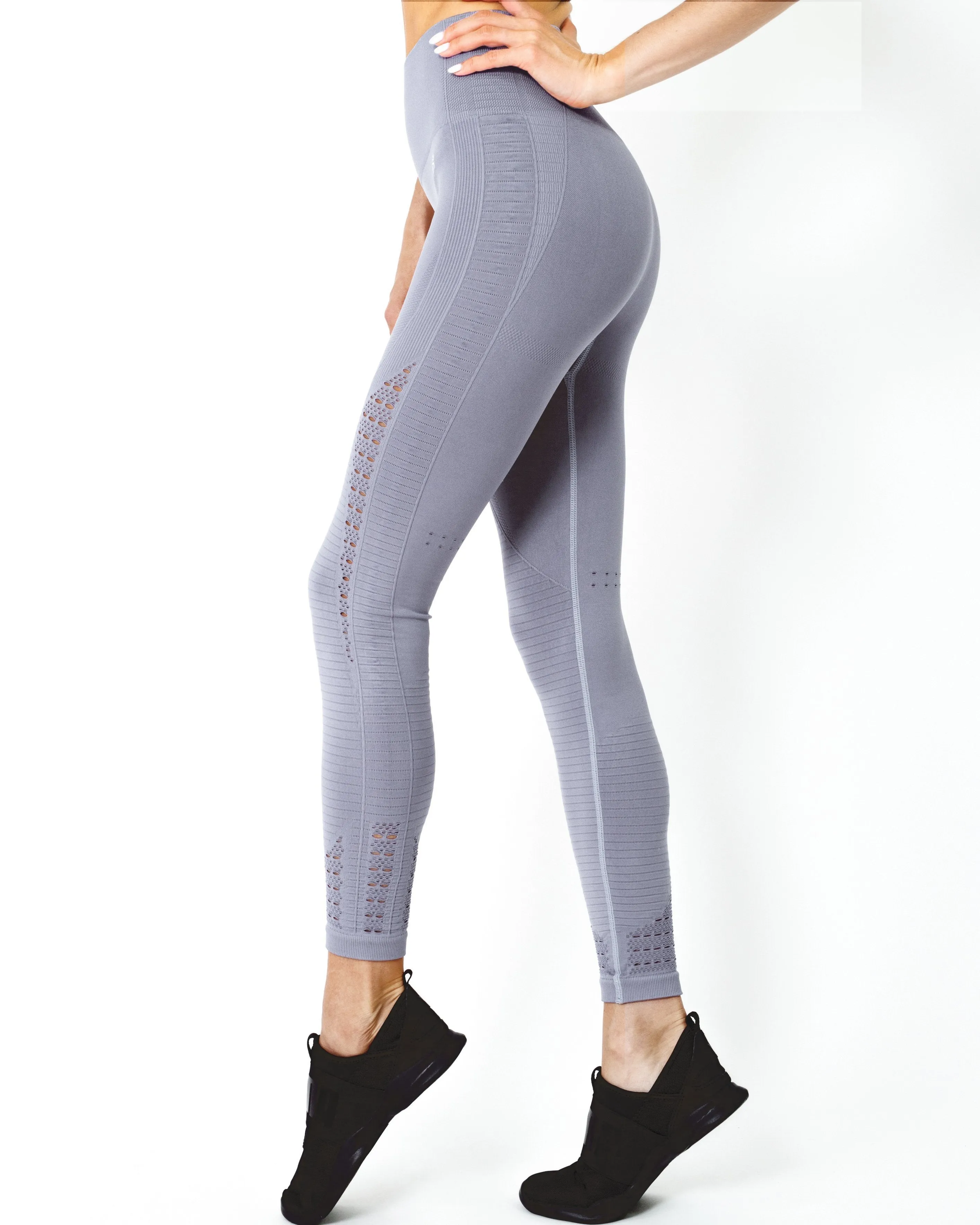 Mesh Seamless Legging With Ribbing Detail - Grey Purple