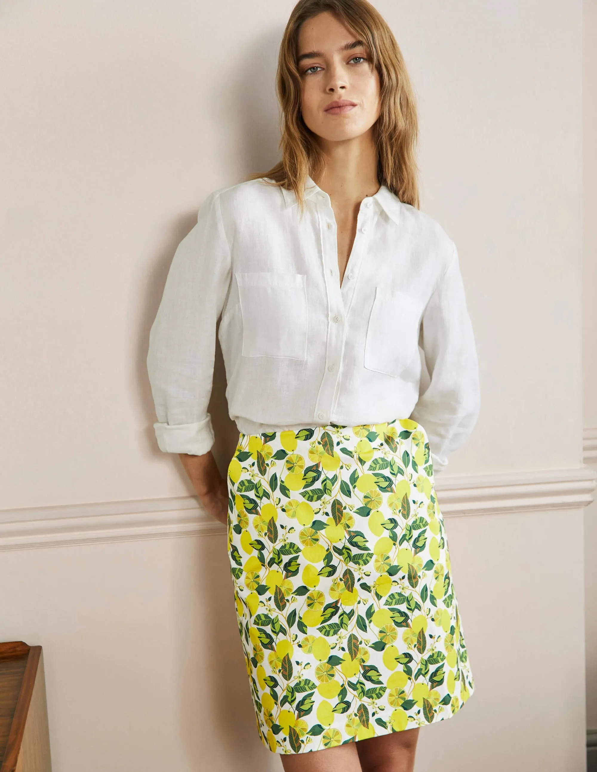 Printed A-line Mini Skirt-Ivory, Lemon Vine