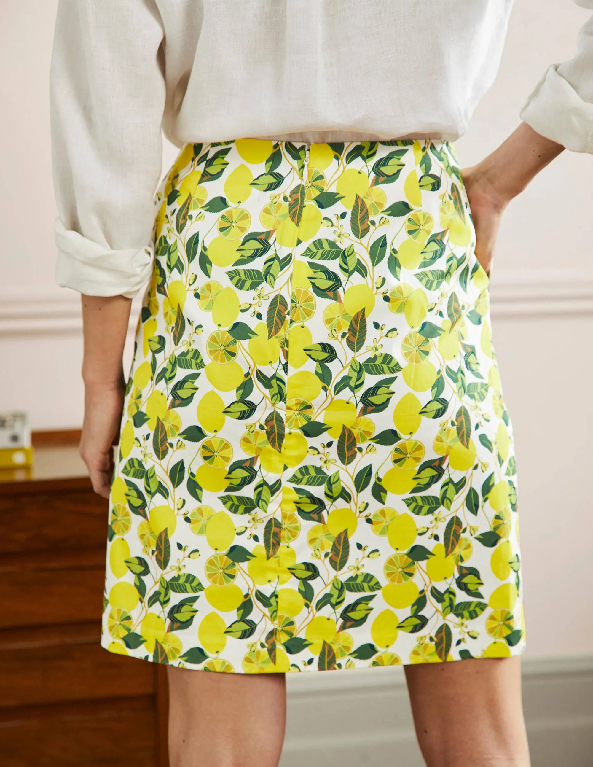 Printed A-line Mini Skirt-Ivory, Lemon Vine