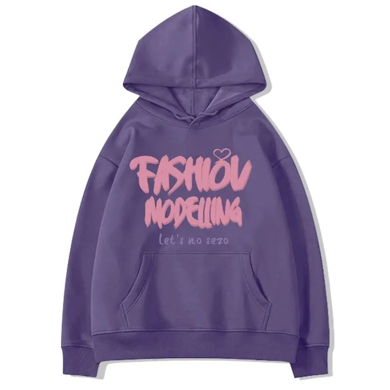 Pure Color Street Letter Printing Simple Women Hoodies Winter Chic Hooded Drawstring Fashion Pocket Casual Female Hoodies