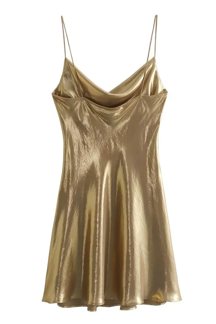 Sexy Metallic Cowl Neck Crystal Spaghetti Strap Sleeveless Party Mini Dress