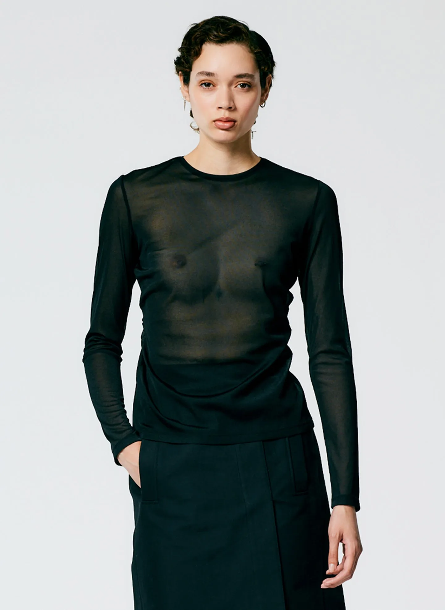 Sheer Gauze Long Sleeve Top With Pintuck Detail