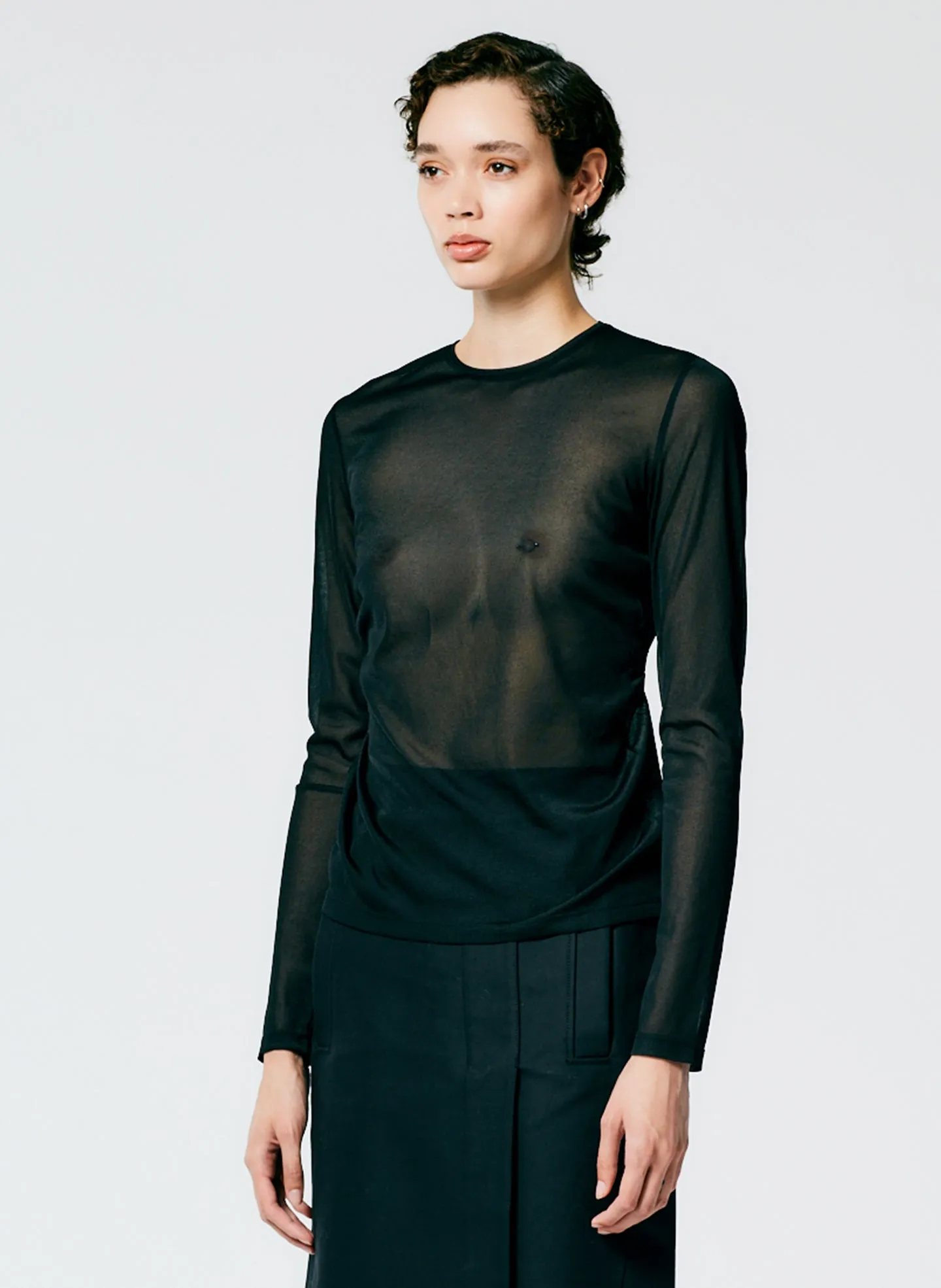 Sheer Gauze Long Sleeve Top With Pintuck Detail