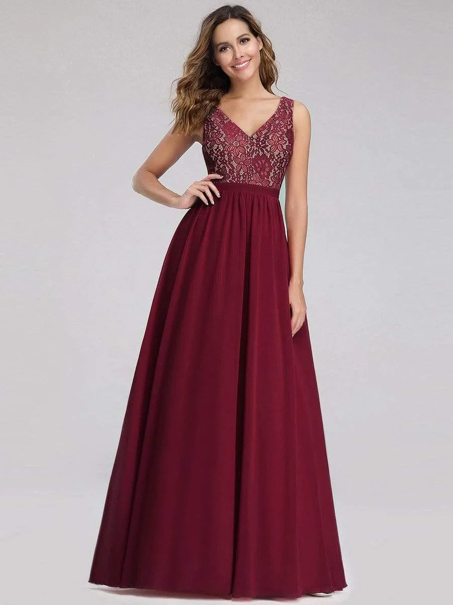 Sleeveless V neck Long Evening Dress with Lace Bodice