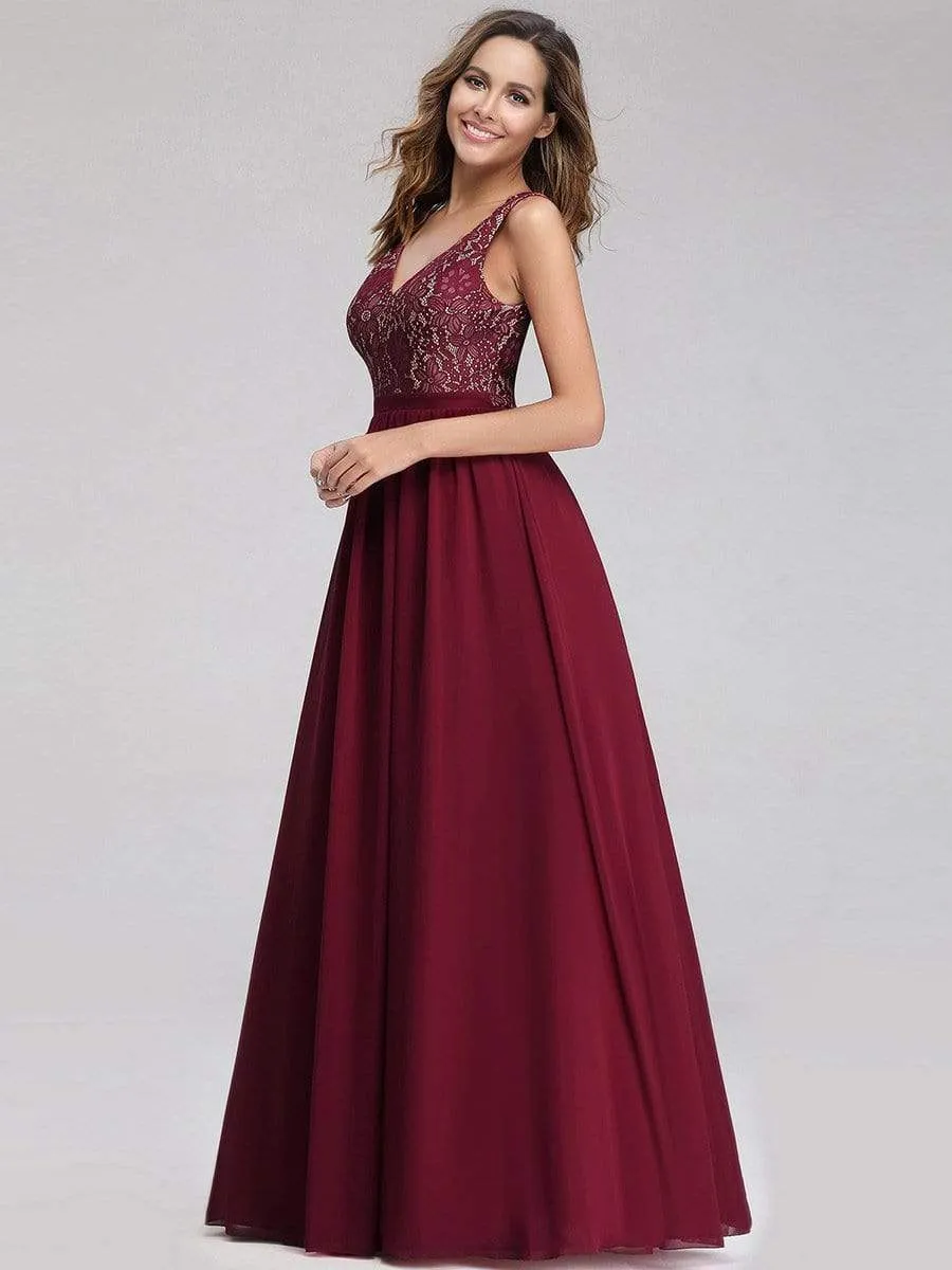 Sleeveless V neck Long Evening Dress with Lace Bodice