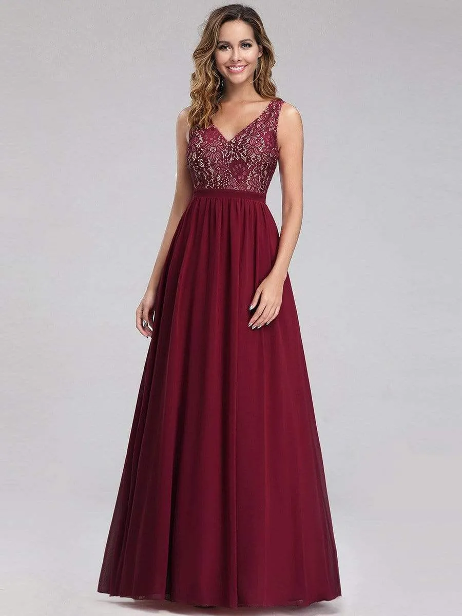 Sleeveless V neck Long Evening Dress with Lace Bodice