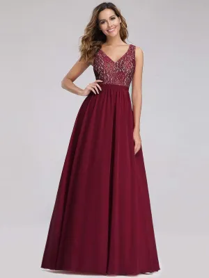 Sleeveless V neck Long Evening Dress with Lace Bodice