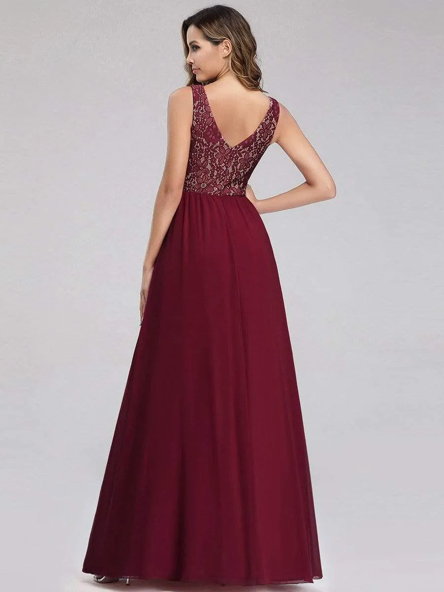 Sleeveless V neck Long Evening Dress with Lace Bodice