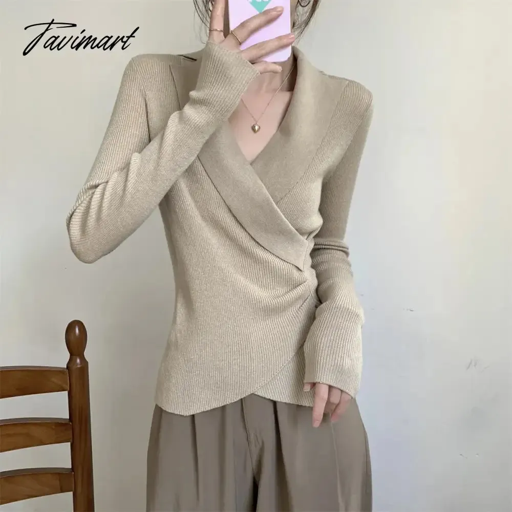 TAVIMART -  V-neck Short Knit Pullovers Women Spring Fall Korean Asymmetric Slim Long Sleeve Sweater Tops 4 Colors