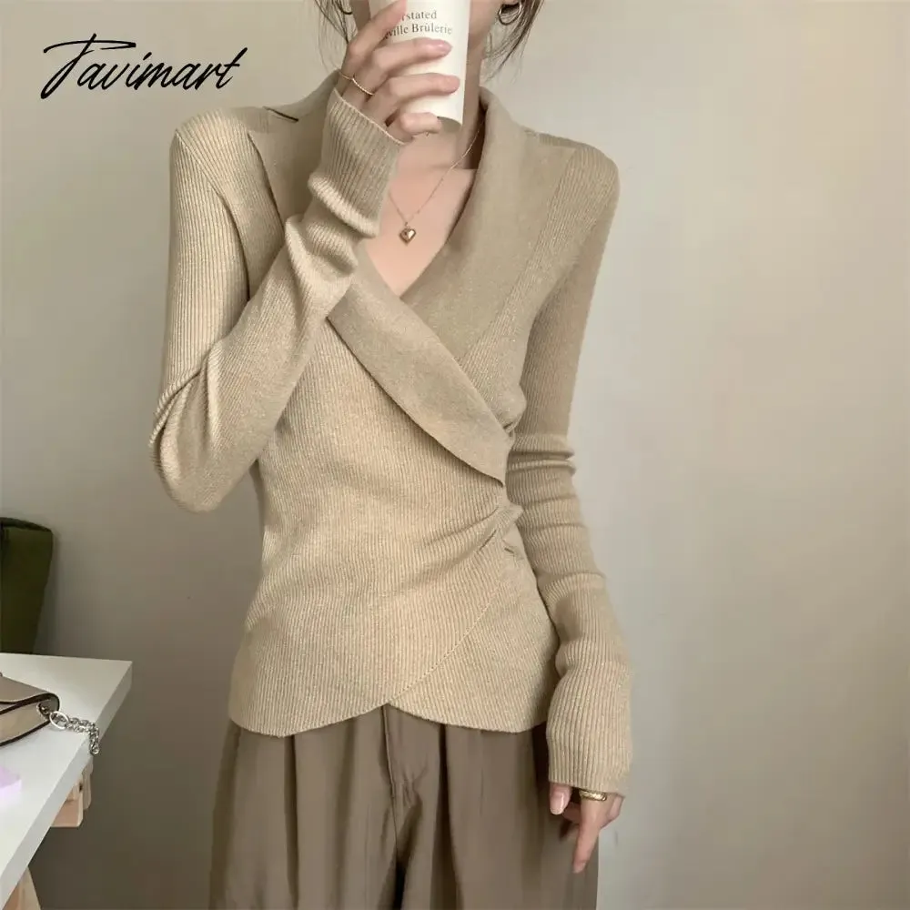 TAVIMART -  V-neck Short Knit Pullovers Women Spring Fall Korean Asymmetric Slim Long Sleeve Sweater Tops 4 Colors